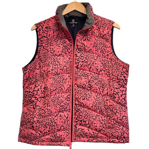 Lands End Down Vest Chrysanthemum Print Quilted Large 14-16 Red Blue Pockets - Picture 1 of 5